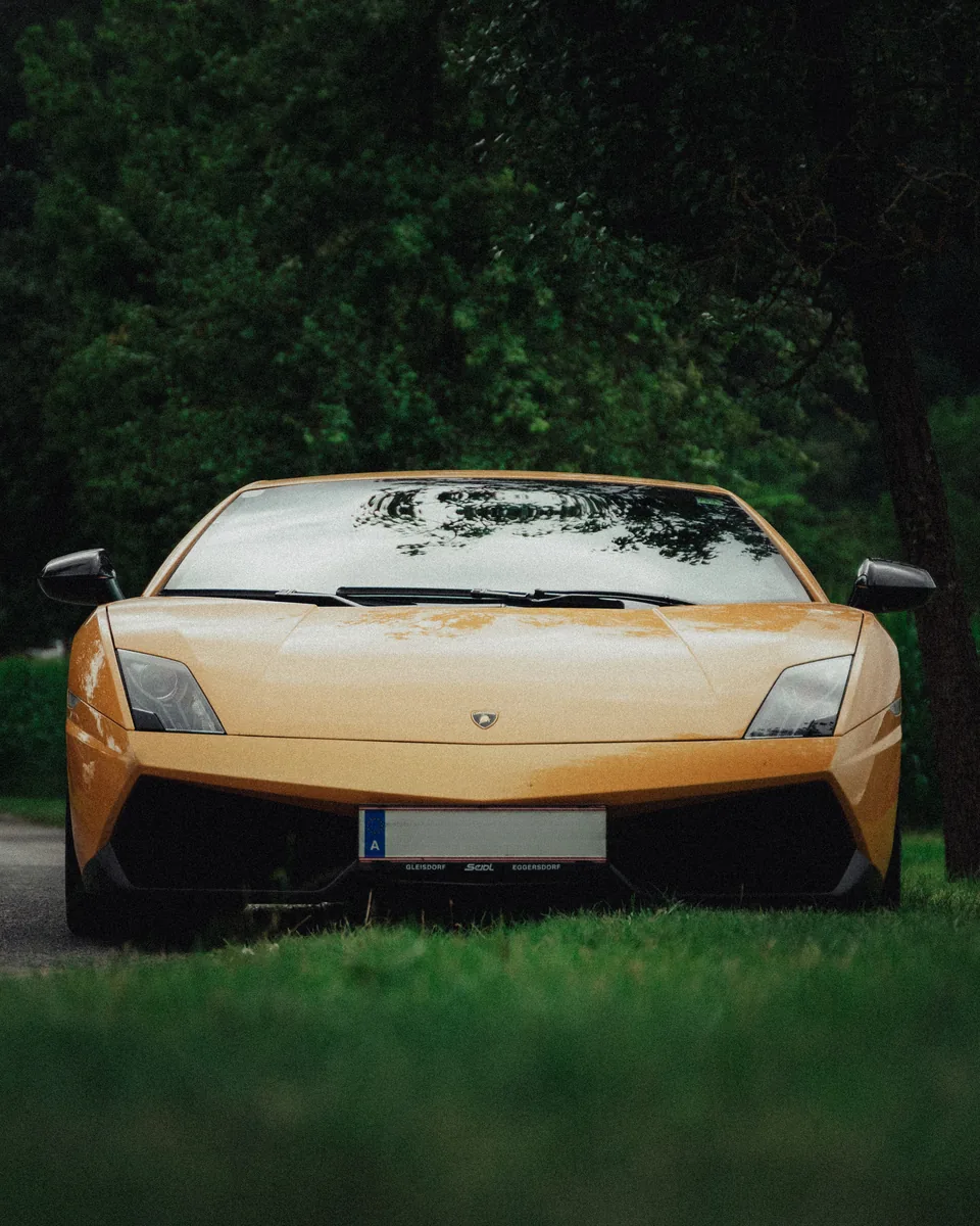 Goldener Lamborghini frontal zwischen Bäumen