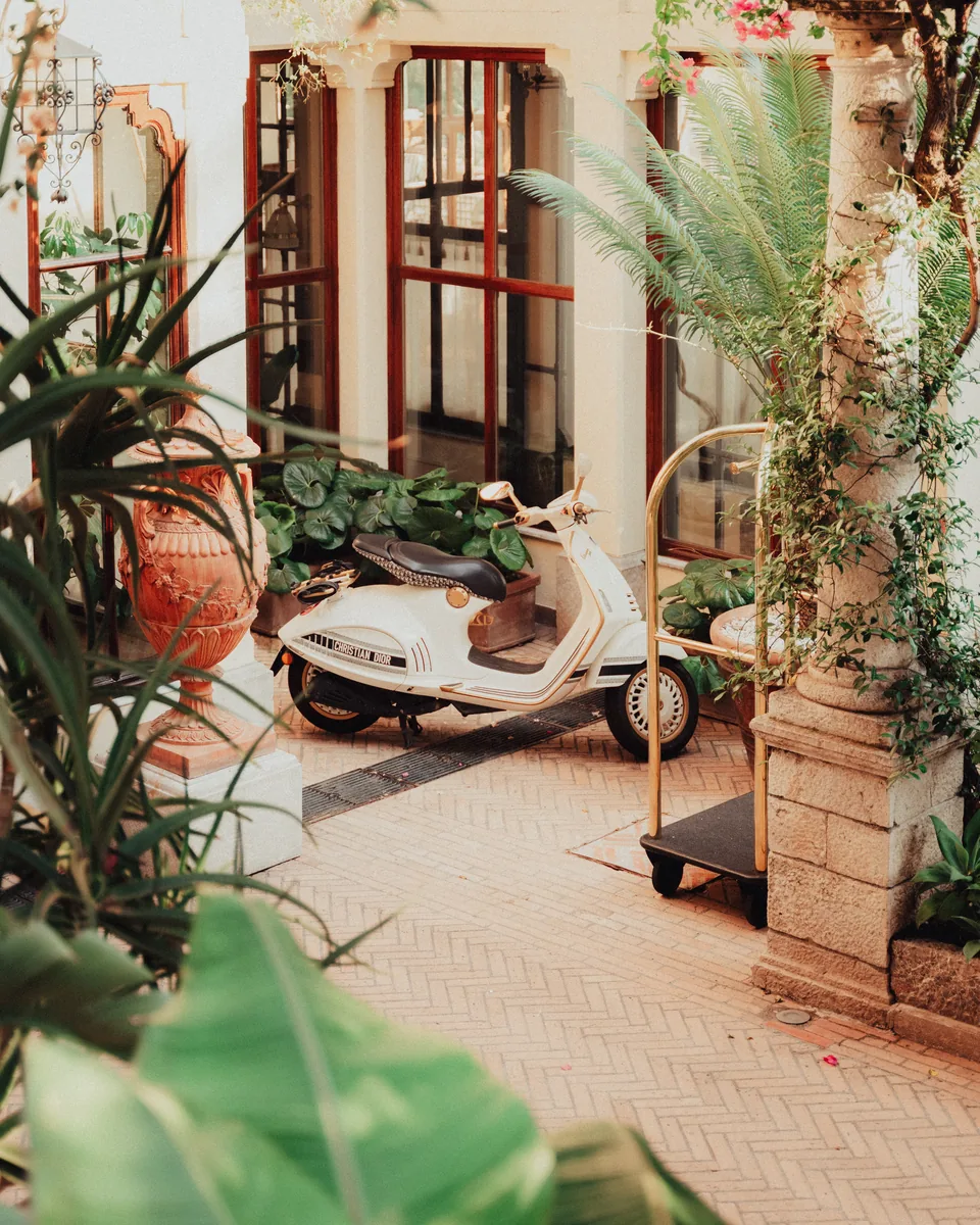 Dior Vespa zwischen Pflanzen im Innenhof